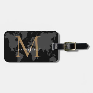 Étiquette À Bagage Carte Chic World Traveler Carte Black Gold Monogra