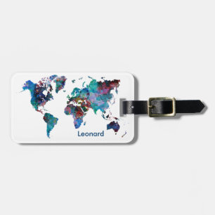 Étiquette À Bagage Carte du monde aquarelle peinture personnalisée Mo