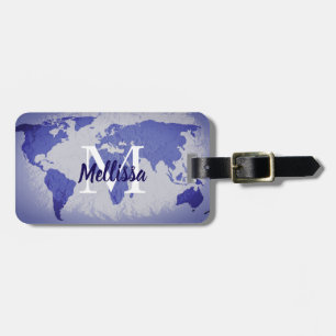 Étiquette À Bagage Carte du monde bleue artsy monogramme nom cadeau f