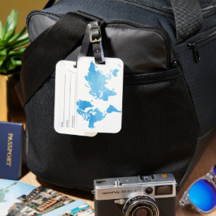 Étiquette À Bagage Carte du monde bleue minimale Art à l'aquarelle