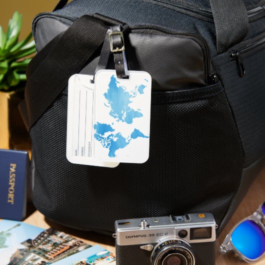 Étiquette À Bagage Carte du monde bleue minimale Art à l'aquarelle (Recto & Verso)