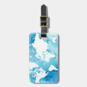 Étiquette À Bagage Carte du monde dans des bleus d'aquarelle (Devant Vertical)