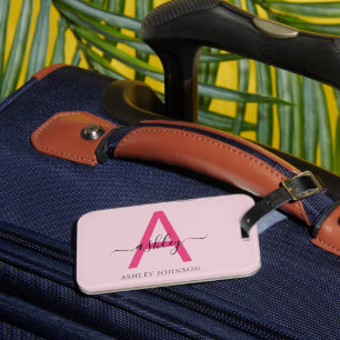 Étiquette À Bagage Carte du monde du voyage Hot Pink Nom du monogramm