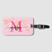 Étiquette À Bagage Carte du monde du voyage Hot Pink Nom du monogramm (Devant Horizontal)