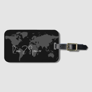 Étiquette À Bagage Carte du monde gris avec nom sur Noir