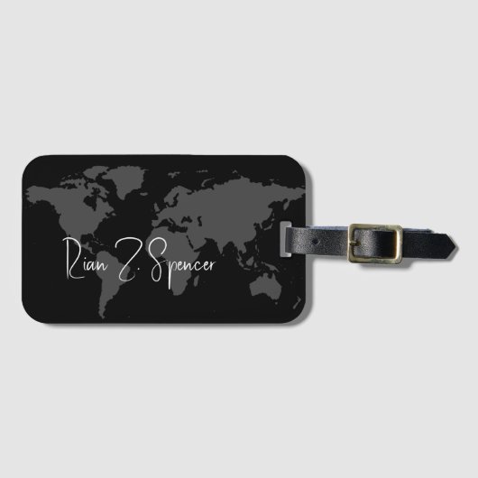 Étiquette À Bagage Carte du monde gris avec nom sur Noir (Devant Horizontal)
