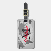 Étiquette À Bagage Carte du monde Gris Rouge Monogrammes Voyageur Nom (Devant Vertical)