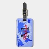 Étiquette À Bagage Carte du monde Mondes Monogrammes Bleus Nom person (Devant Vertical)