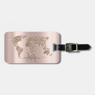 Étiquette À Bagage Carte du monde pailletée de voyage Monogramme or r