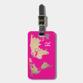 Étiquette À Bagage Carte du monde rose chaud monogramme initial nom (Devant Vertical)