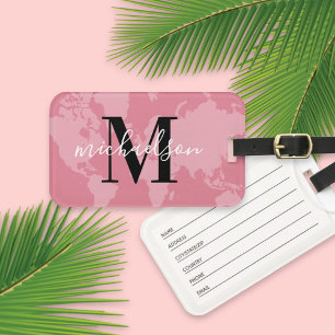 Étiquette À Bagage Carte du monde rose Monogramme Nom personnalisé