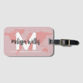 Étiquette À Bagage Carte du monde rose sur Dusty Purple Voyageur Mono (Devant Horizontal)