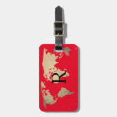 Étiquette À Bagage Carte du monde Sépia doré Rouge Noir Monogramme In (Devant Vertical)