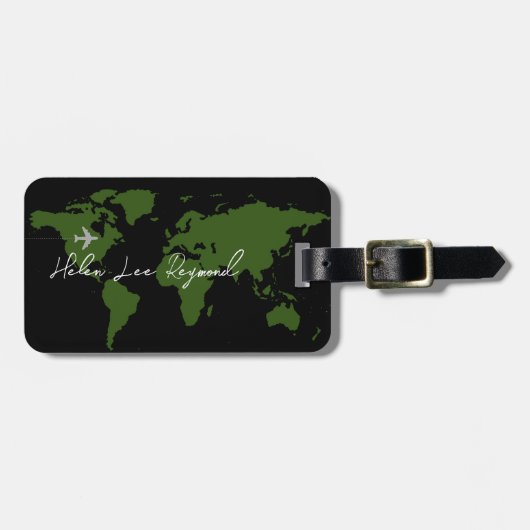 Étiquette À Bagage Carte du monde vert avec nom pour identifier les b (Devant horizontal)