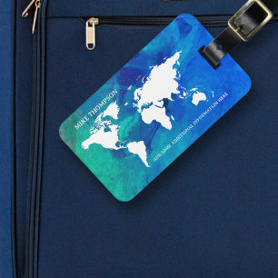Étiquette À Bagage Carte Mondiale Aquarelle Bleue
