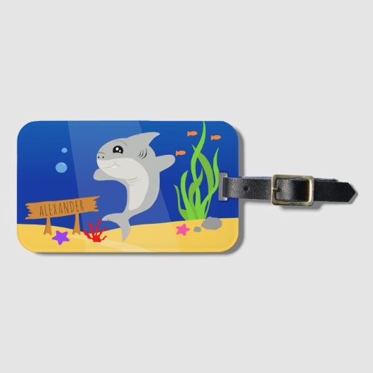 Étiquette À Bagage Cartoon océanique couleur requin gris (Devant Horizontal)