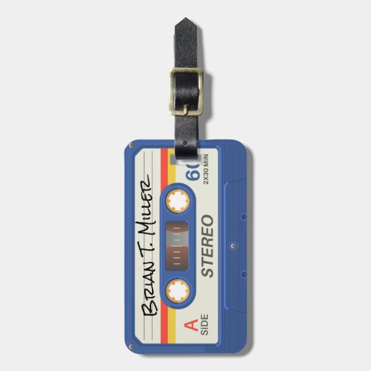 Étiquette À Bagage Cassette Bleue Rétro | Nom du marqueur (Devant Vertical)