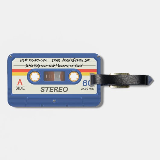 Étiquette À Bagage Cassette Bleue Rétro | Nom du marqueur (Dos horizontal)