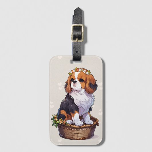Étiquette À Bagage Cavalier King Charles panier avec couronne de fleu (Devant Vertical)