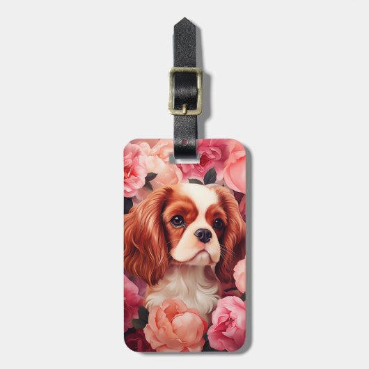Étiquette À Bagage Cavalier King Charles Spaniel en Rose (Devant Vertical)