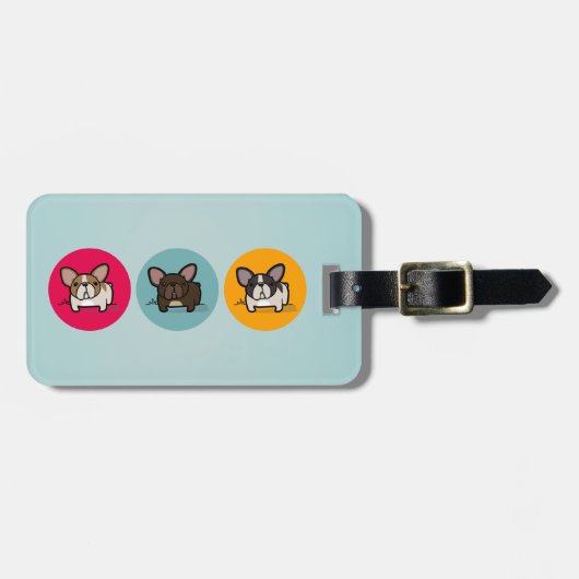 Étiquette À Bagage Cercles de Frenchie - bleu, or et rose (Devant horizontal)
