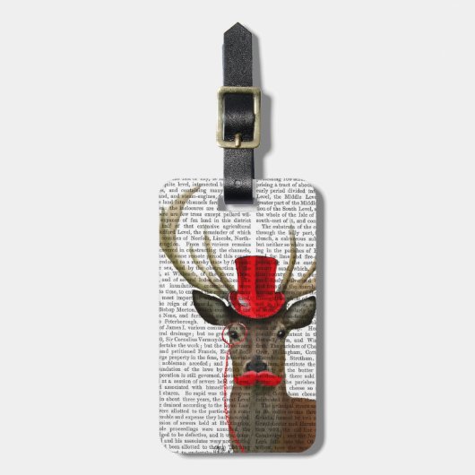 Étiquette À Bagage Cerf avec chapeau rouge et moustache (Devant Vertical)