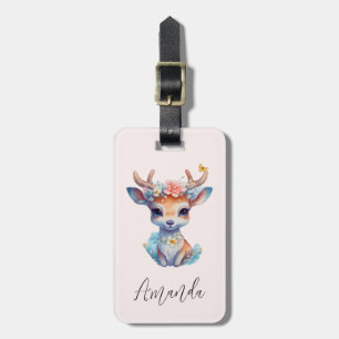 Étiquette À Bagage Cerf de Bébé mignon avec Antlers et Fleurs
