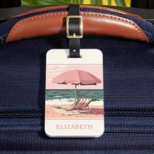 Étiquette À Bagage Chaise de plage rose et crème et parapluie