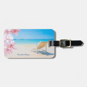 Étiquette À Bagage Chaise de plage tropicale sable fleur hawaïenne