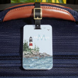 Étiquette À Bagage Charming Coastal Lighthouse Rocks Monogramme Nom<br><div class="desc">Une belle aquarelle — phare sur les rochers, eau bleue — et votre monogramme / initiale et nom. Si vous avez des questions de design ou si vous souhaitez que cela soit disponible en téléchargement numérique, envoyez un conversation ou un courriel à charmdesignstudio@rcn.com et nous serons heureux de vous aider....</div>