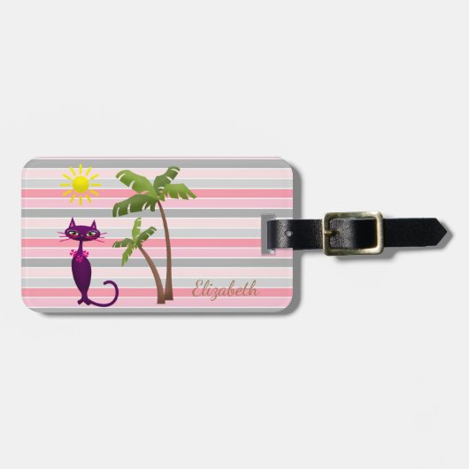 Étiquette À Bagage Chat adorable, Soleil, Palmiers Sur Bande (Devant horizontal)
