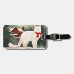 Étiquette À Bagage Chat angora turc à Noël sous la neige