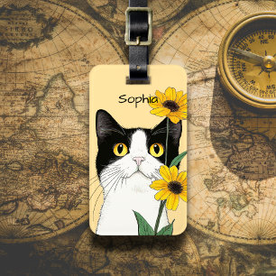 Étiquette À Bagage Chat aux Tournesols