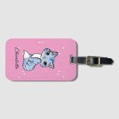 Étiquette À Bagage Chat bleu mignon sur nom personnalisé rose (Devant Horizontal)