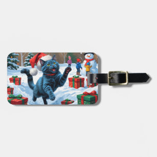 Étiquette À Bagage Chat Bleu Russe Courant dans la Neige avec un Chap