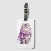Étiquette À Bagage Chat Cosy Écharpe violette hiver (Devant Vertical)