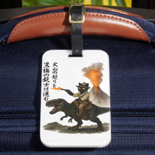 Étiquette À Bagage Chat cowboy noir épique chevauchant un dinosaure a