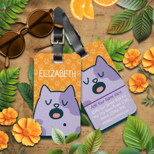 Étiquette À Bagage Chat de dessin animé violet drôle, Option de nom s