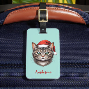 Étiquette À Bagage Chat de Noël mignon personnalisé avec chapeau de P
