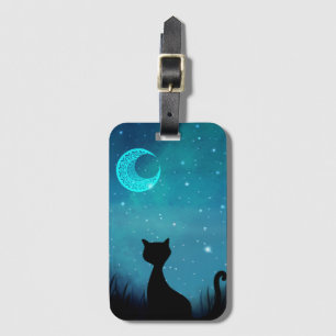 Étiquette À Bagage chat de nuit noir illustration moderne ciel scinti