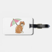 Étiquette À Bagage Chat de plage avec parapluie rose et vert (Dos horizontal)