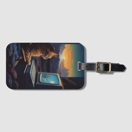 Étiquette À Bagage Chat Gamer Retro | Jeu d'art Pixel 8 bits (Devant Horizontal)