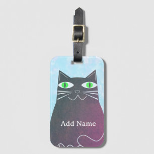 Étiquette À Bagage Chat gras noir aquarelle bleue nom personnalisé
