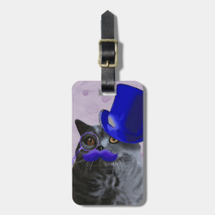 Étiquette À Bagage Chat gris avec chapeau bleu et moustache