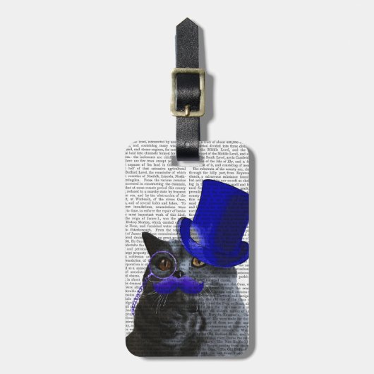 Étiquette À Bagage Chat gris avec chapeau bleu et moustache bleue (Devant Vertical)