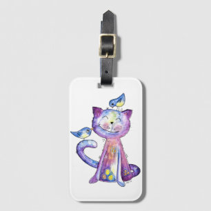 Étiquette À Bagage Chat mignon blanc violet avec oiseaux