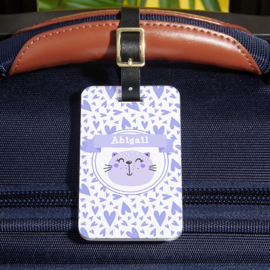 Étiquette À Bagage Chat mignon pourpre | Coeurs Lilac personnalisés E (Insitu Rectoal 2)