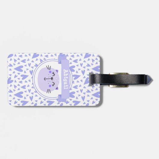 Étiquette À Bagage Chat mignon pourpre | Coeurs Lilac personnalisés E (Dos horizontal)