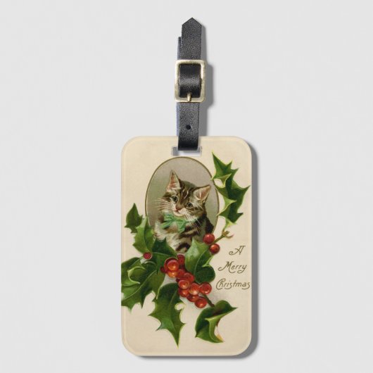 Étiquette À Bagage Chat Noël Joyau Holly Kitten Art antique (Devant Vertical)