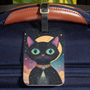 Étiquette À Bagage Chat noir cosmique futuriste atomique au clair de
